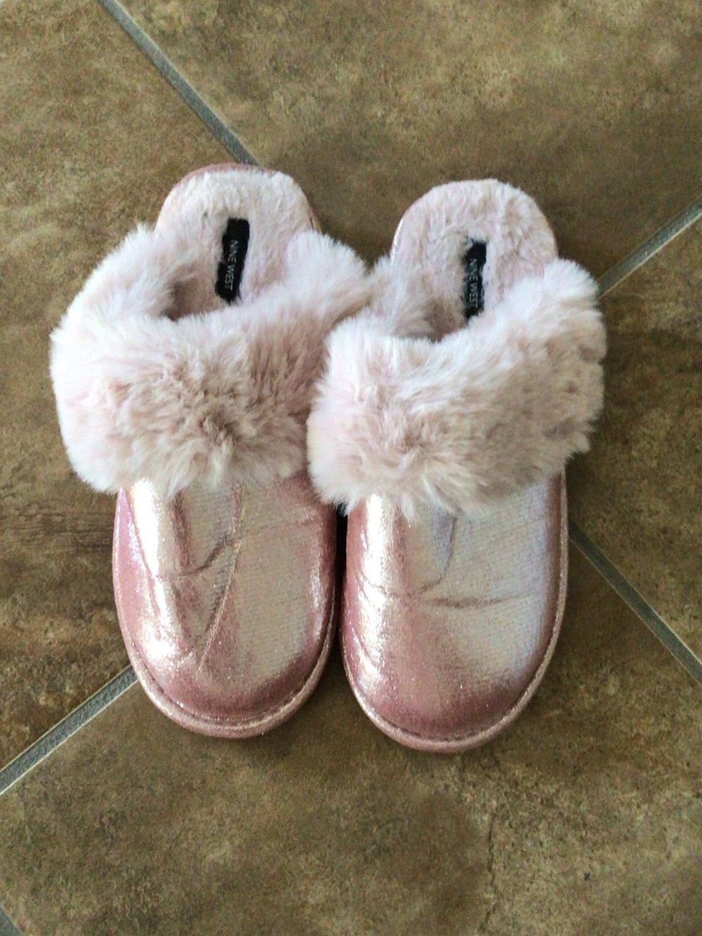 Nine West Pink Metallic Faux Fur Slip-On Slippers